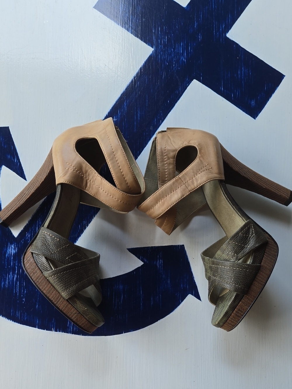 Elizabeth And James Olive Green And Tan Leather Ultra High Heel Size 8.5 - Picture 5 of 15